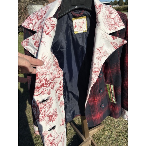 Vintage Wool Blend Plaid Pea Coat Sz Medium Double Breasted Red Black Upcycled - Picture 10 of 14